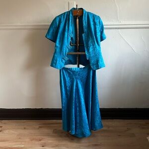 Vintage Maggy London Blue Silk two piece jacket and skirt